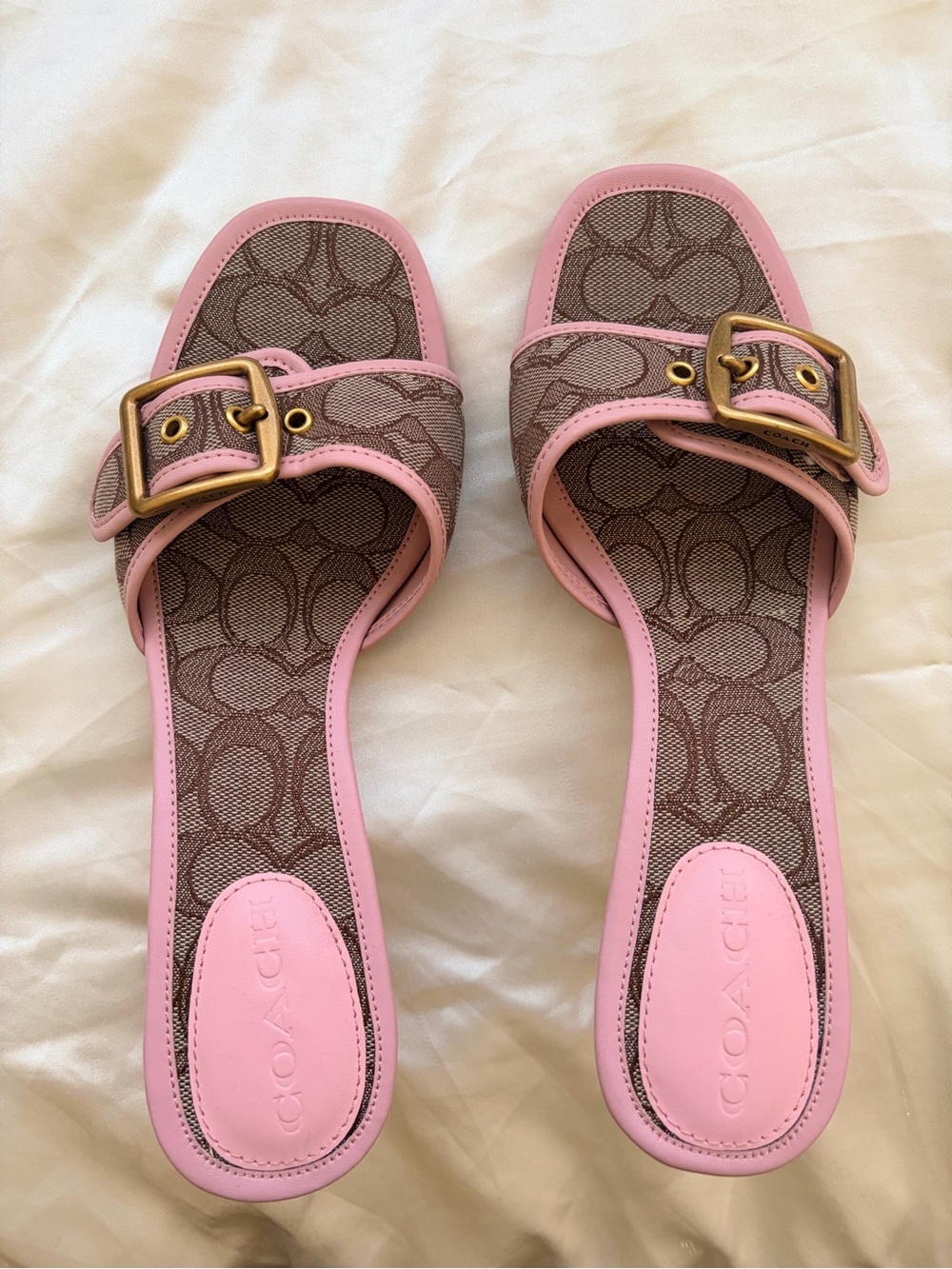 Coach Pink Trim Brown Signature Canvas Slide Sandals with Gold Buckles